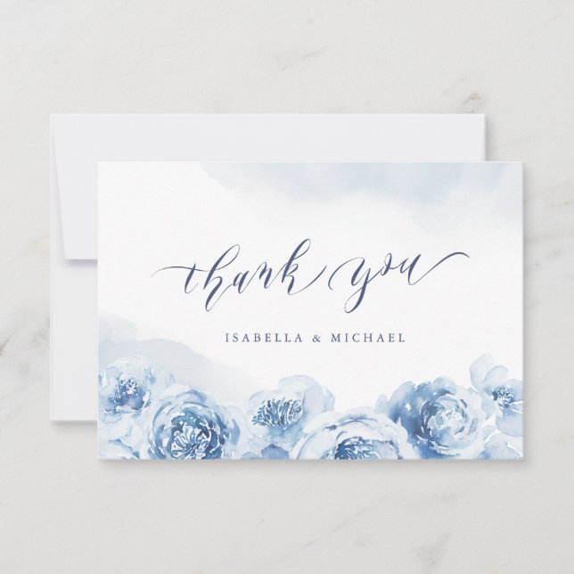 Elegant calligraphy dusty blue floral wedding thank you card (Front)