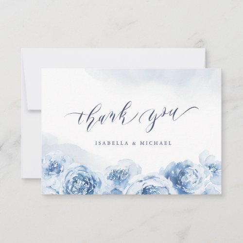 Elegant calligraphy dusty blue floral wedding thank you card