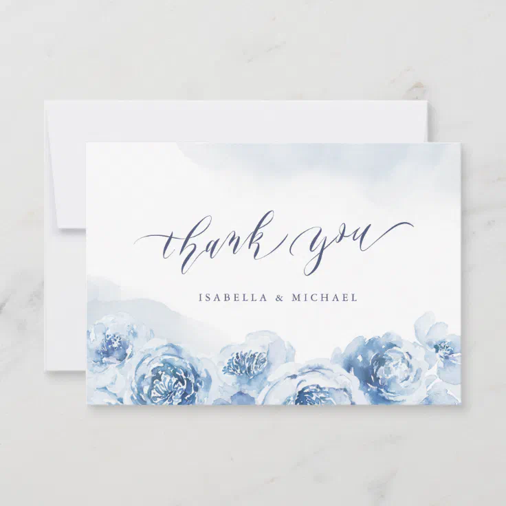 Elegant Calligraphy Dusty Blue Floral Wedding Thank You Card 