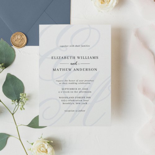 Elegant Calligraphy Dusty Blue Monogram Wedding Invitation