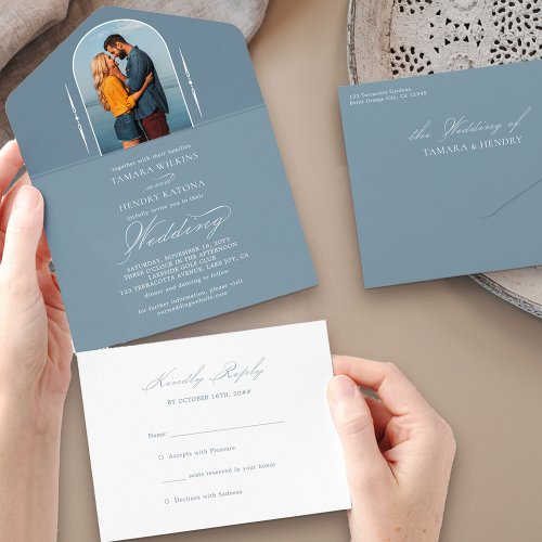 Elegant Calligraphy Dusty Blue Photo RSVP Wedding All In One Invitation