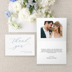 Elegant Calligraphy Dusty Blue Photo Wedding Letterpress Thank You Card