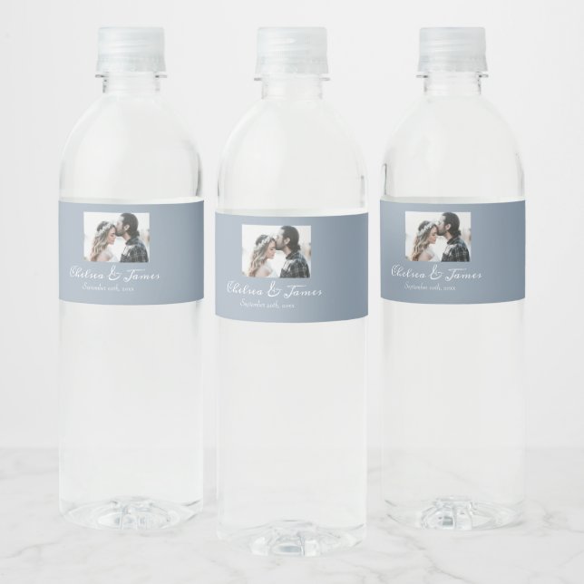Elegant Calligraphy Dusty Blue Photo Wedding Party Water Bottle Label (Bottles)