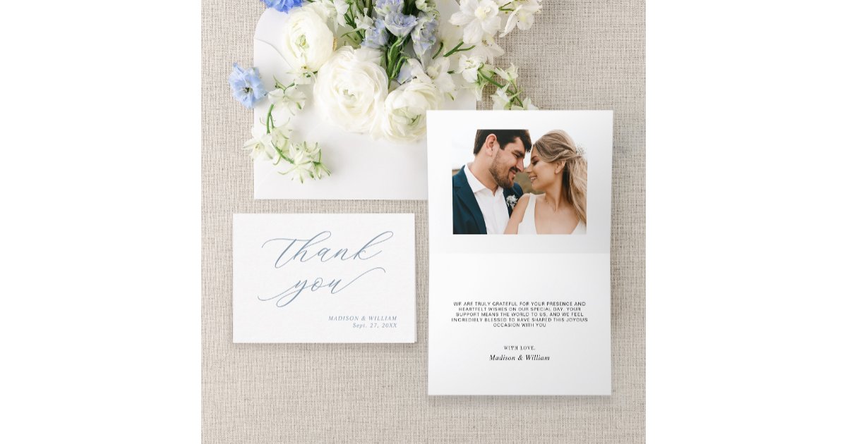 Elegant Calligraphy Dusty Blue Photo Wedding Thank You Card | Zazzle