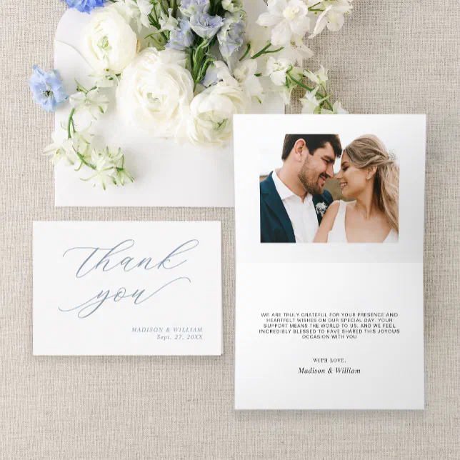 Elegant Calligraphy Dusty Blue Photo Wedding Thank You Card | Zazzle
