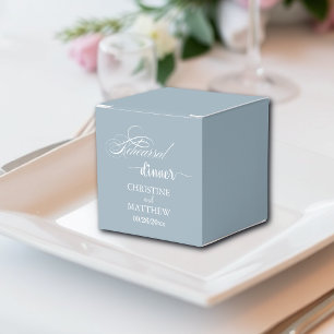 Elegant Calligraphy Dusty Blue Rehearsal Dinner Favor Boxes