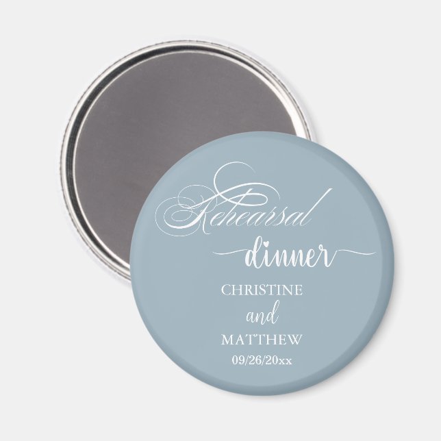 Elegant Calligraphy Dusty Blue Rehearsal Dinner Magnet (Front/Back)