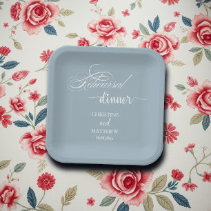 Elegant Calligraphy Dusty Blue Rehearsal Dinner Paper Plates