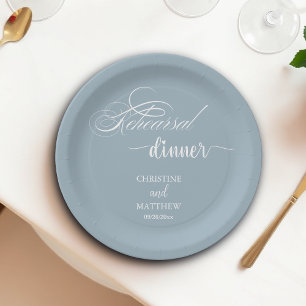 Elegant Calligraphy Dusty Blue Rehearsal Dinner  Paper Plates