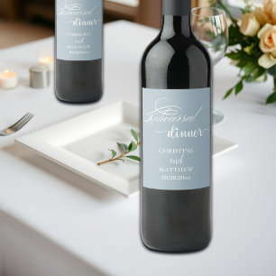 Elegant Calligraphy Dusty Blue Rehearsal Dinner Wine Label