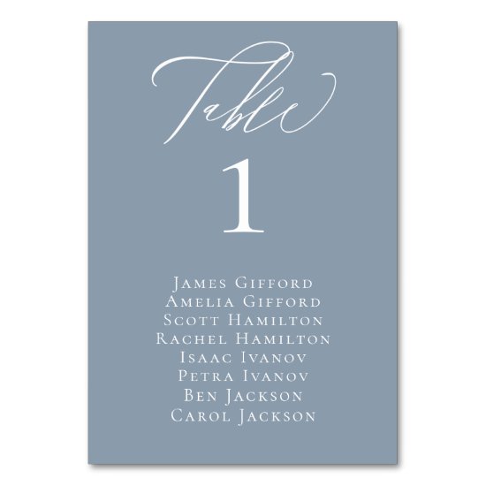 Elegant Calligraphy Dusty Blue Seating Table Card