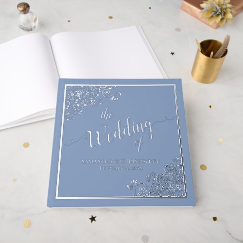 Elegant Calligraphy Dusty Blue Silver Foil Wedding Foil Guest Book