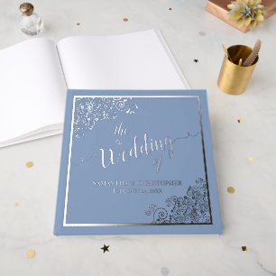 Elegant Calligraphy Dusty Blue Silver Foil Wedding Guest Book