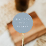 Elegant Calligraphy Dusty Blue Wedding Classic Round Sticker<br><div class="desc">Simple,  calligraphy wedding stickers featuring your names in white lettering with a dusty blue background. The dusty blue wedding stickers are perfect to use for envelope seals,  wedding favors,  and more! The elegant wedding stickers were designed to coordinate with our Elegant Calligraphy Dusty Blue wedding collection.</div>