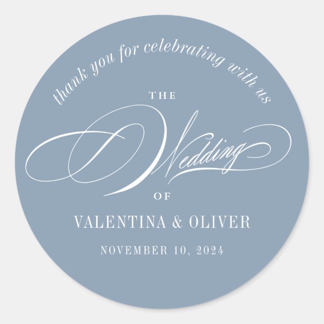 Elegant Calligraphy Dusty Blue Wedding Classic Round Sticker (Front)