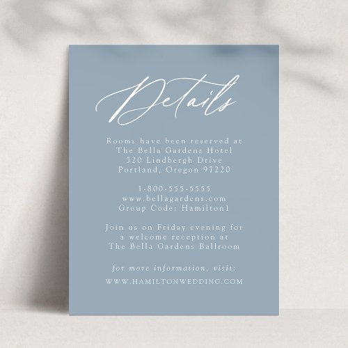 Elegant Calligraphy Dusty Blue Wedding Details Enclosure Card