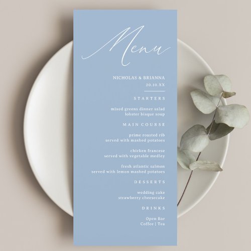 Elegant Calligraphy Dusty Blue Wedding Menu