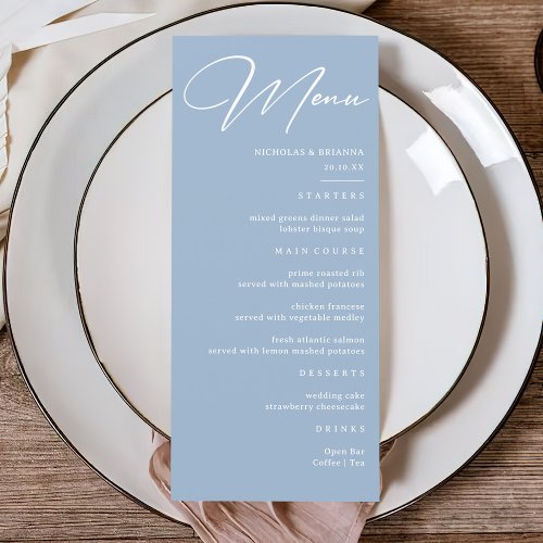 Elegant Calligraphy Dusty Blue Wedding Menu