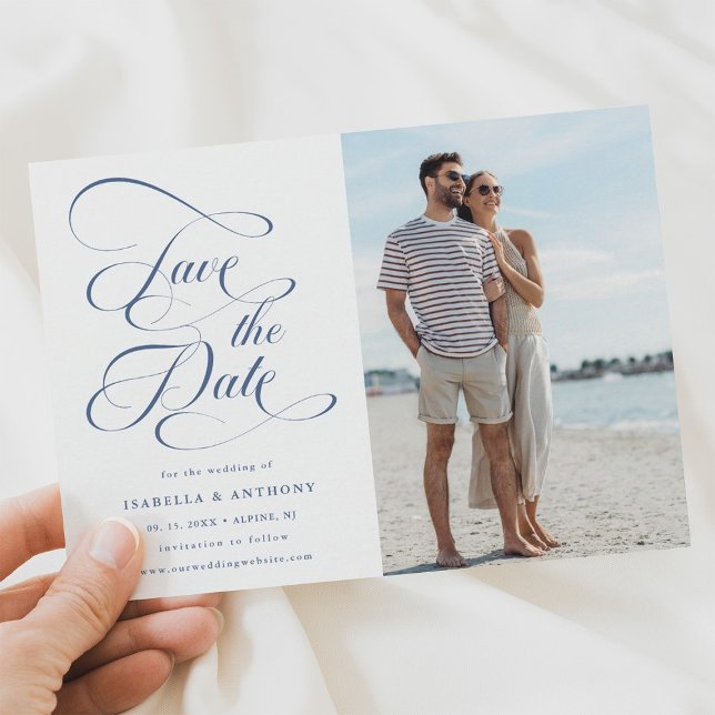 Elegant Calligraphy Dusty Blue Wedding Photo Save The Date (Creator Uploaded)