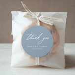 Elegant Calligraphy Dusty Blue Wedding Thank You Classic Round Sticker<br><div class="desc">Elegant wedding thank you stickers featuring "thank you" displayed in modern white calligraphy with a dusty blue background. Personalize the dusty blue wedding thank you stickers with your names and wedding date. The chic wedding thank you stickers are perfect for sealing envelopes, wedding favor bags, and more. Designed to coordinate...</div>