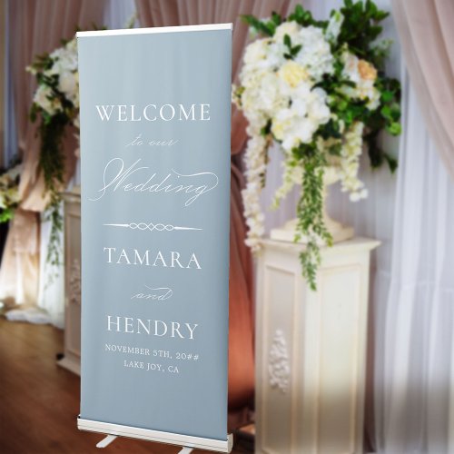 Elegant Calligraphy Dusty Blue Wedding Welcome Retractable Banner