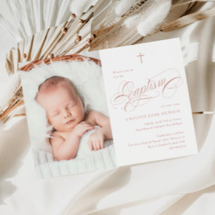 Elegant Calligraphy Dusty Pink Girls Photo Baptism Invitation