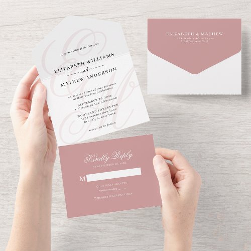 Elegant Calligraphy Dusty Pink Monogram Wedding All In One Invitation