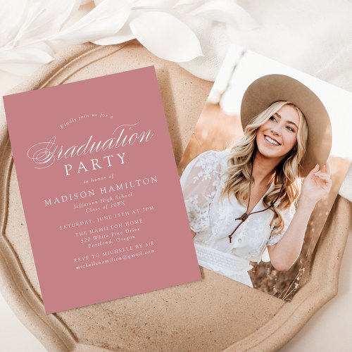 Elegant Calligraphy Dusty Rose Photo Graduation Invitation