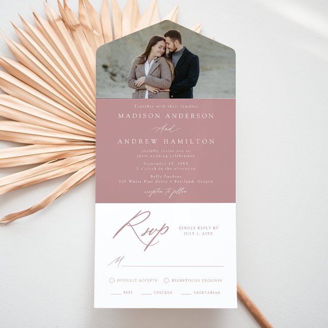 Elegant Calligraphy Dusty Rose Photo Wedding All In One Invitation (Creator Uploaded)