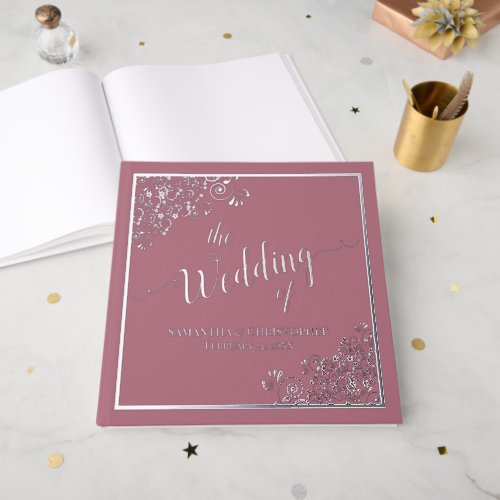 Elegant Calligraphy Dusty Rose Silver Foil Wedding Foil Guest Book