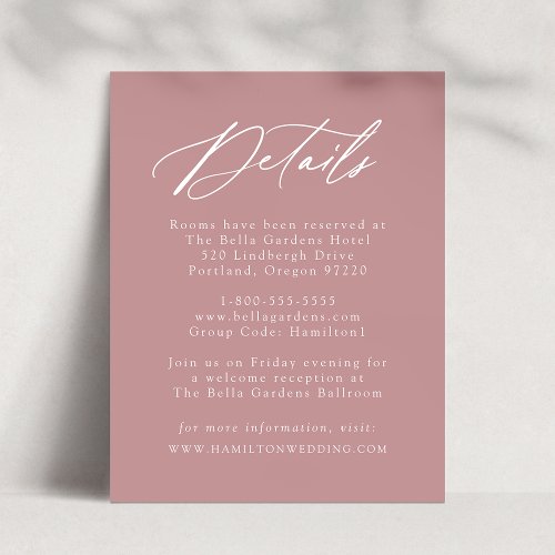 Elegant Calligraphy Dusty Rose Wedding Details Enclosure Card