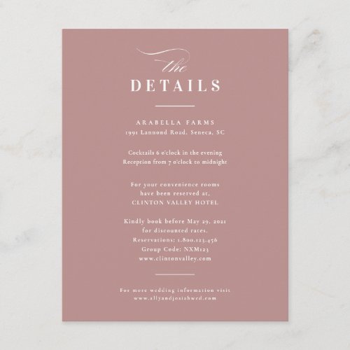 Elegant Calligraphy Dusyt Pink Wedding  Details Enclosure Card