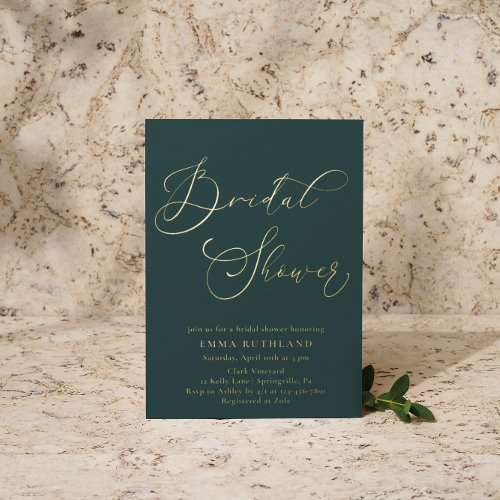 Elegant Calligraphy Emerald Gold Bridal Shower Foil Invitation