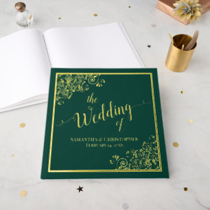 Elegant Calligraphy Emerald & Gold Foil Wedding Foil Guest Book
