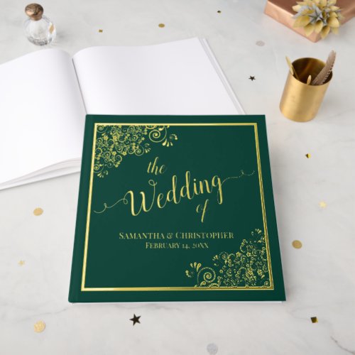 Elegant Calligraphy Emerald  Gold Foil Wedding Foil Guest Book