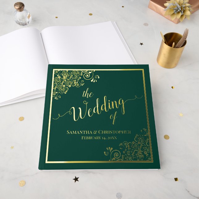 Elegant Calligraphy Emerald & Gold Foil Wedding Foil Guest Book (Front Open)