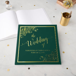 Elegant Calligraphy Emerald & Gold Foil Wedding Guest Book