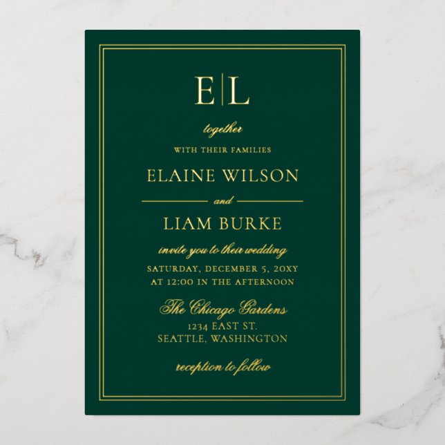 Elegant Calligraphy Emerald Green Gold Wedding   F Foil Invitation (Front)
