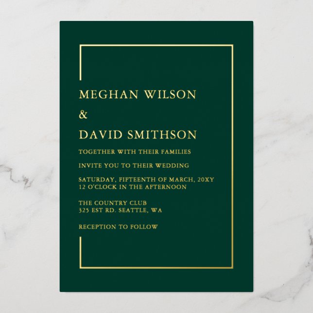 Elegant Calligraphy Emerald Green Gold Wedding   Foil Invitation (Front)
