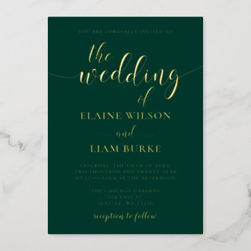 Elegant Calligraphy Emerald Green Gold Wedding   Foil Invitation