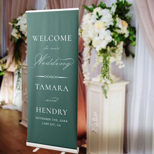 Elegant Calligraphy Emerald Green Wedding Welcome Retractable Banner