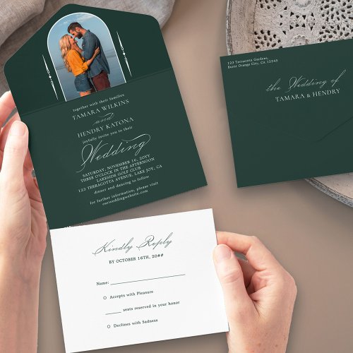 Elegant Calligraphy Emerald Photo RSVP Wedding All In One Invitation