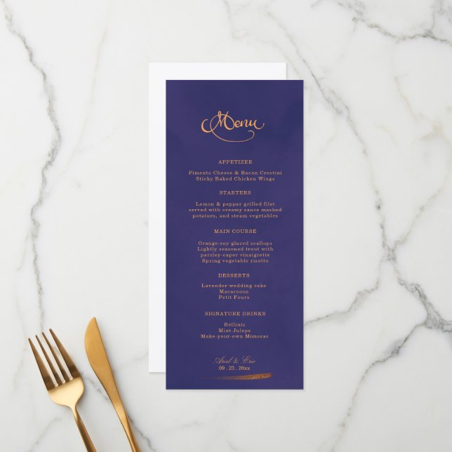 Elegant Calligraphy Emerald Purple & Gold Wedding Menu (Front/Back In Situ)
