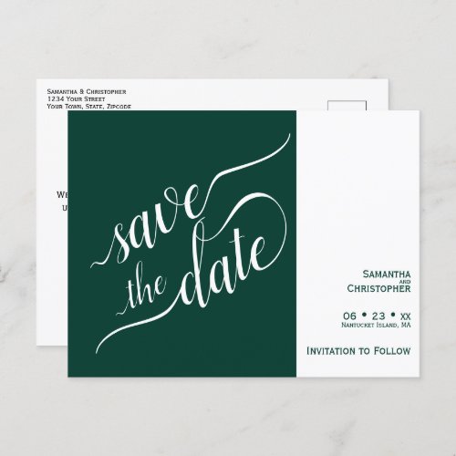 Elegant Calligraphy Emerald Wedding Save the Date Announcement Postcard