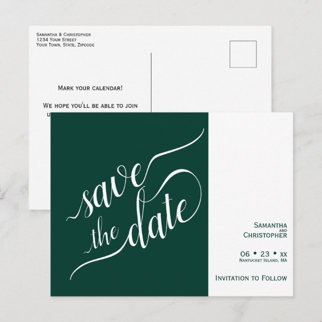Elegant Calligraphy Emerald Wedding Save the Date Announcement Postcard (Front/Back)