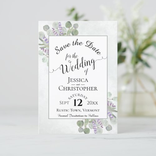 Elegant Calligraphy Eucalyptus  Lavender Wedding Save The Date