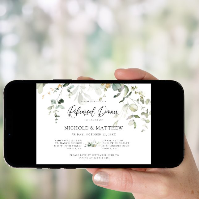 Elegant Calligraphy Eucalyptus Rehearsal Dinner Invitation (Front Digital)