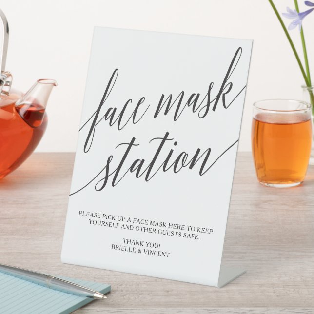 Elegant Calligraphy Face Mask Station Event Pedestal Sign (In SItu)