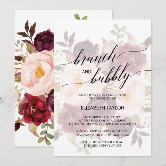 Elegant Calligraphy | Faded Floral Brunch & Bubbly Invitation (Front/Back)