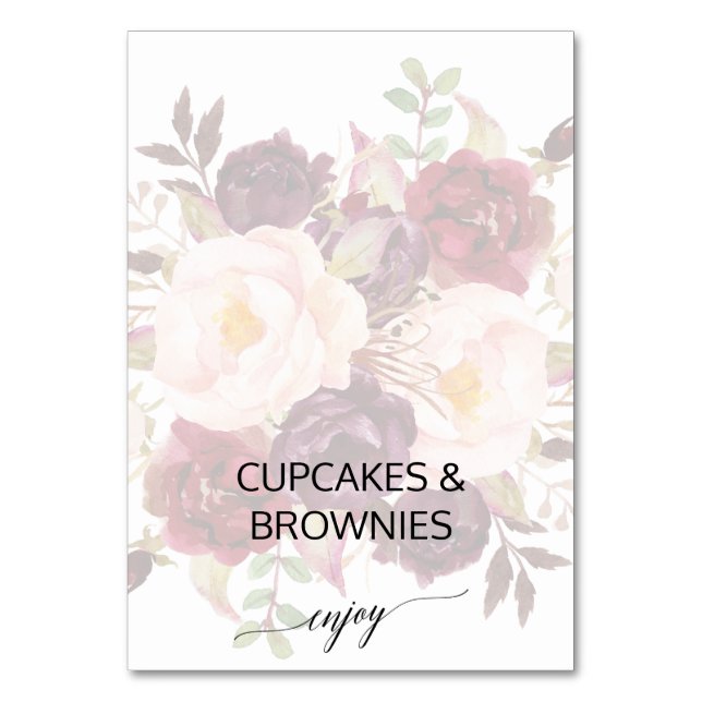 Elegant Calligraphy | Faded Floral Buffet Labels Table Number (Front)